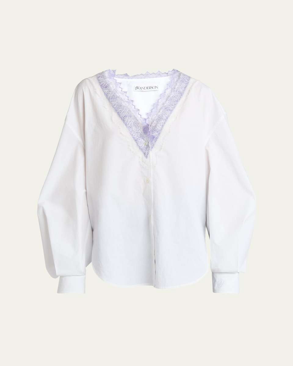 Lace Trim V-Neck Cotton Blouse